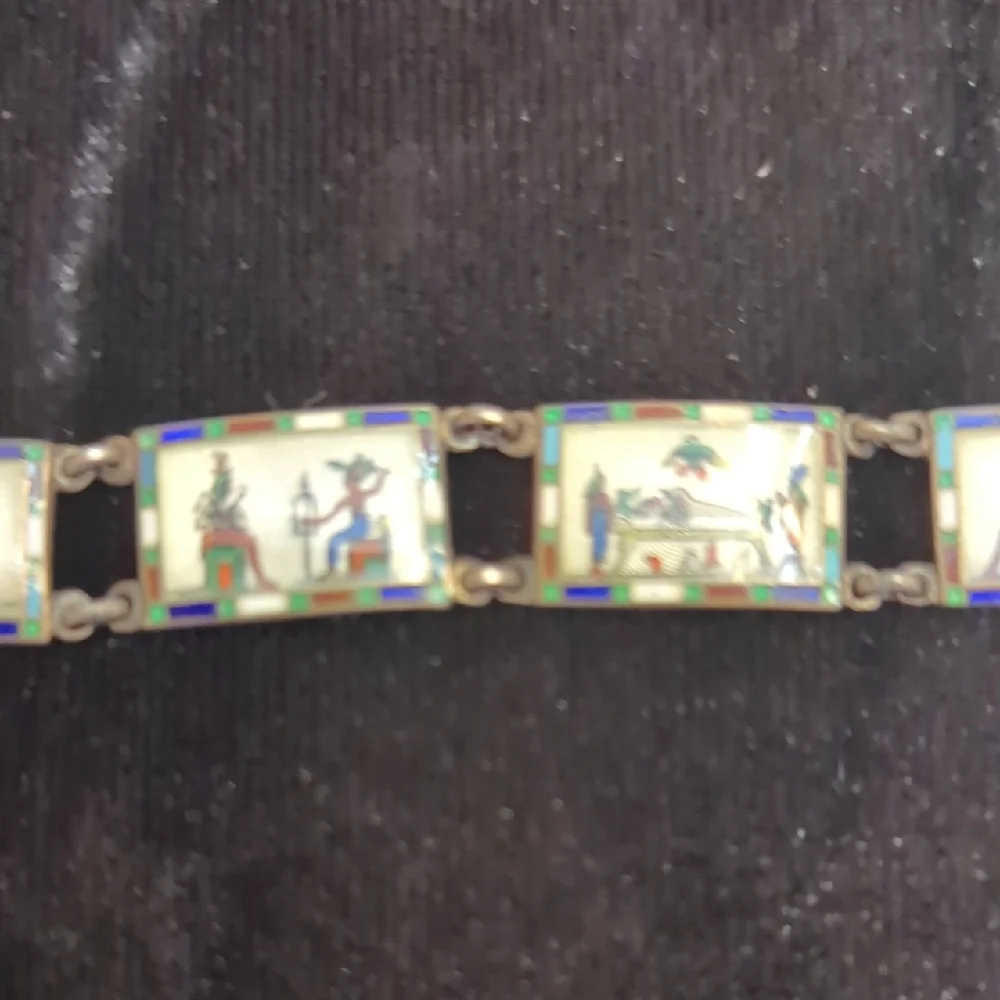 Vintage Egyptian Revival Enamel Panel Bracelet, Est. 1940s–50s